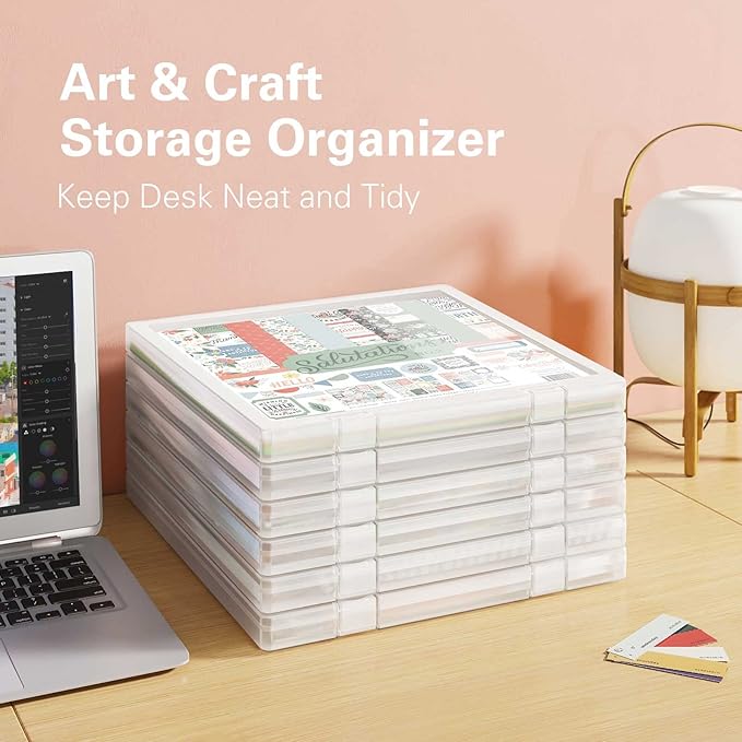 iBune 6 Pack 12x12 Paper Organizer, Scrapbook Paper Storage, Plastic Craft Organizers Storage, Art Supply Photo Sticker Storage Case, Inner Size 12.2 x 12.2 x 0.85 in