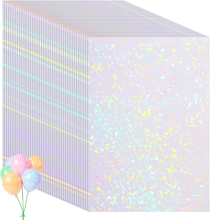 SHENLIU 60 Sheets Holographic Laminate Sheets Clear Glitter Vinyl Sticker Paper Holographic Overlay Self Adhesive Waterproof Transparent Film for Sticker Paper, 11.7 x 8.3 Inch (Gem Patterns)