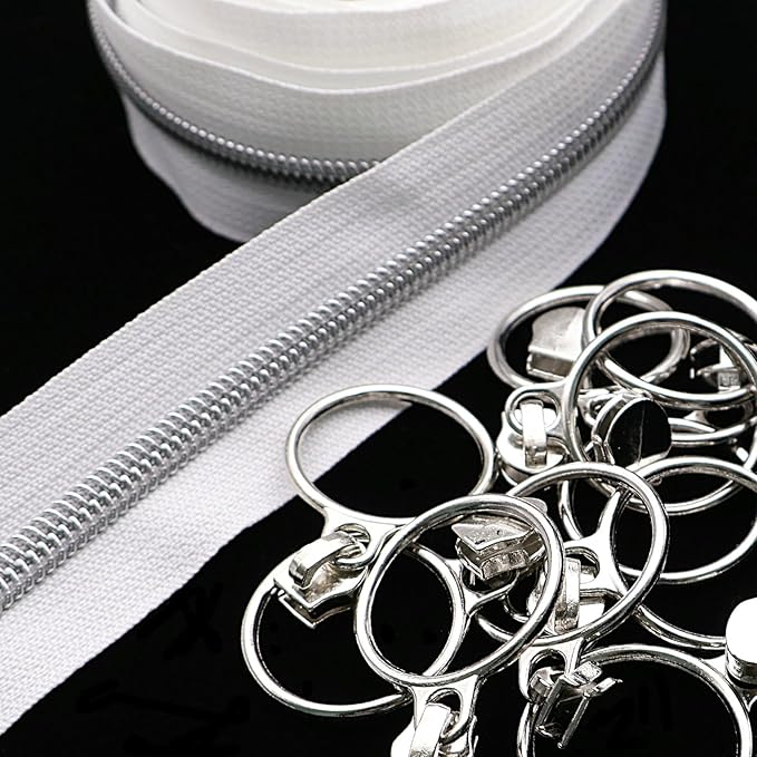 Leekayer #5 Silver Metallic Nylon Coil Zippers by The Yard Bulk 10 Yards White Zipper Tape with 25pcs Silver Ring Pull Sliders for DIY Sewing Tailor Craft Bag(White)