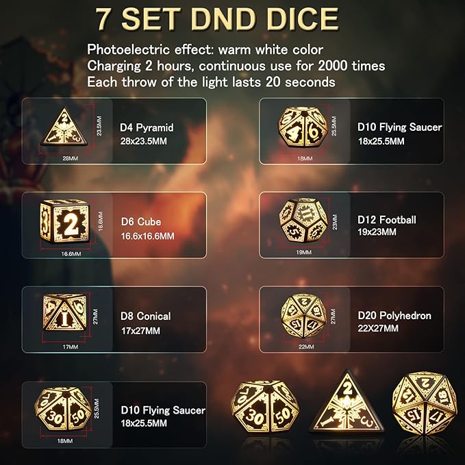 Rechargable DND Dice Set, Light Up Dice, 7PCS Glowing LED Dice Electronic Dices, D&D Polyhedral Dice Set for RPG Role Playing Table Game