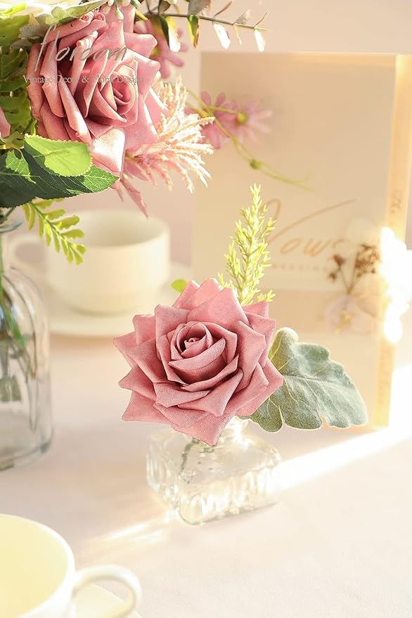 Floroom Artificial Flowers 16pcs 3.5" Real Looking Dusty Rose Foam Fake Hybrid Tea Roses with Stems for DIY Wedding Bouquets Bridal Shower Centerpieces Floral Arrangements Party Tables Home Decoration