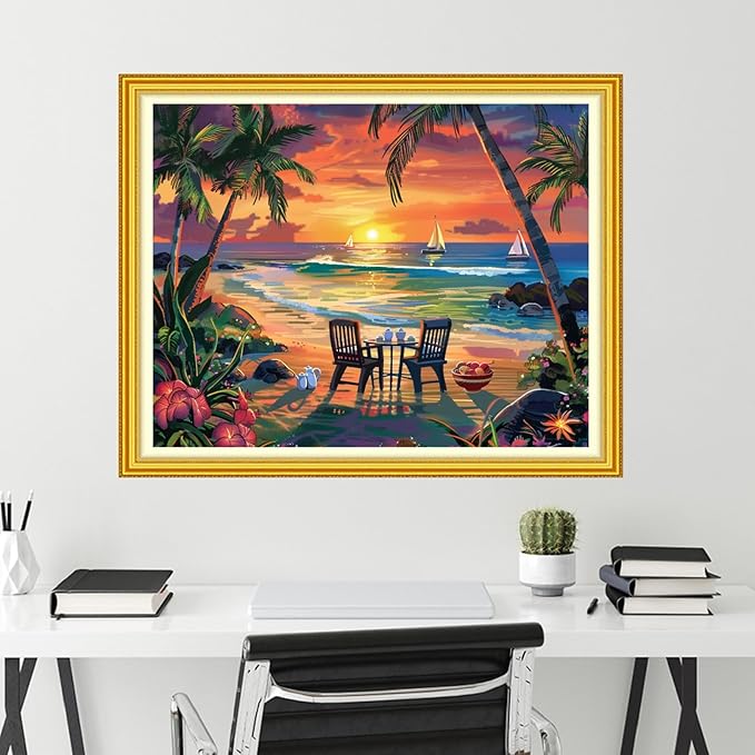 Funchey Stamped Cross Stitch Kits, DIY Cross Stitch Pattern for Adults Beginners Needlepoint Kits Embroidery Kit Arts and Crafts 11CT-Rest by The Seaside 16x20 inch