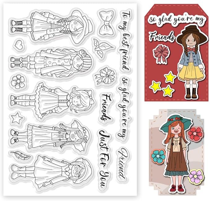 Fashion Girls Clear Stamps 6.3x4.3 Friendship Word Rubber Stamp Flower Silicone Stamps Star Heart Transparent Stamps for DIY Scrapbooking Card Making Photo Album Decor