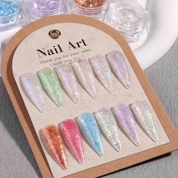 Holographic Nail Art Glitter Iridescent Flakes, 12 Colors Aurora Irregular Opal Nail Foil Flakes Ultra-Thin Nail Glitters Sequins Manicure Decorations for DIY Gel Polish Nail Art, Resin Craft, Gifts