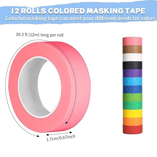 12PCS Colored Masking Tape, Colored Tape for Kids Art Supplies, DIY Craft Tape, Colored Painters Tape for Labeling, Classroom, Decorative, Rainbow Color Tape Rolls 2/3In x 13Yards(1.7cm x 12m)
