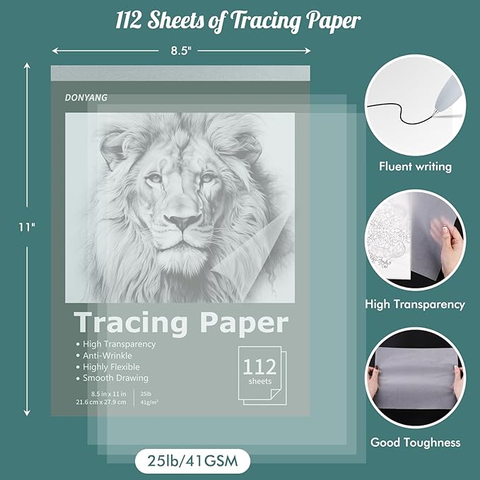 Tracing Paper 8.5" x 11", 112 Sheets Transparent Vellum Paper for Tracing Pads, Christmas Birthday Gifts for Adults Teens, 25lb/41gsm Translucent Tracing Paper for Sketching, Drawing, Overlays
