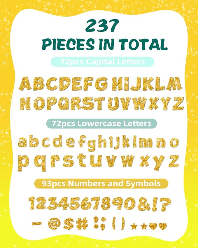 237 Pcs Glitter Bulletin Board Letters, Numbers and Punctuation, Poster Board Letters Alphabet Cut Out Cardboard Letters Accessories for Classroom Display Decorating Supplies 4inch (Yellow)