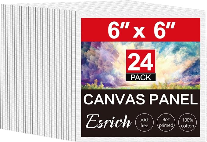 ESRICH 6x6 Canvas for Painting, 24 Pack Canvas Boards Cotton Painting Canvas Primed Acid Free Small Blank Canvases Panels for Oil Paint, Watercolor, Acrylic Paint, Gouache, Tempera.