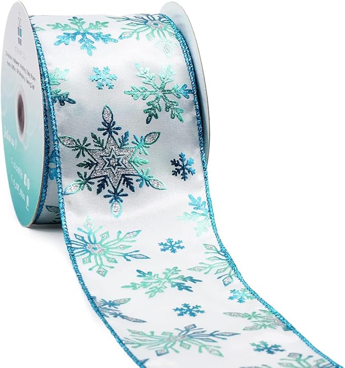 CT CRAFT LLC Satin with Blue Snowflake Wired Ribbon 2.5 Inch x 10 Yards for Christmas Home Decor Tree Topper Bow Gift Wrapping DIY Crafts Wreath Garland
