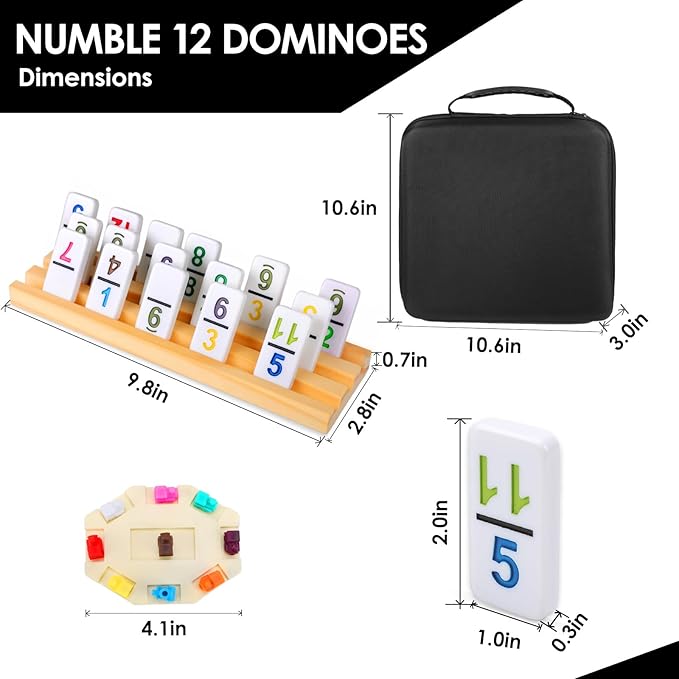 Mexican Train Dominoes Set Double 12 Colored Number Dominos with 8 Wooden Racks & 91 Tiles Portable Travel Case Classic Family Board Game Cognitive Strategy Game for Adults Kids