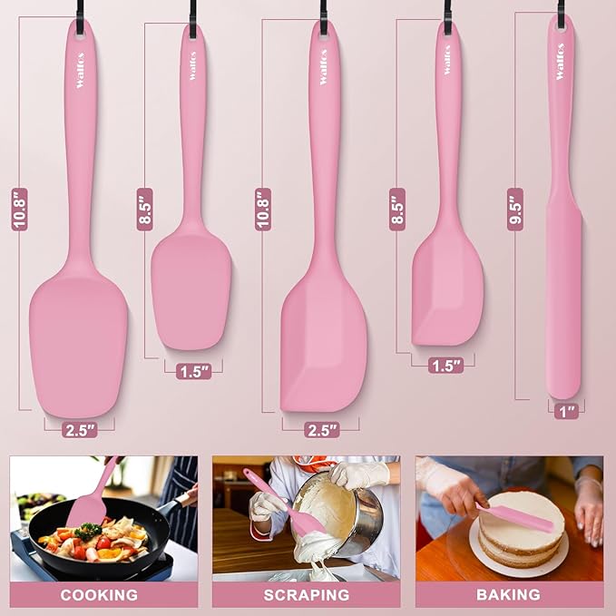 Walfos Silicone Spatula Set of 5 - (600°F) High Heat Resistant Kitchen Scraper Spatulas, One-Pieces Seamless Design, Perfect for Cooking Mixing & Baking - BPA Free and Dishwasher Safe（Pink）