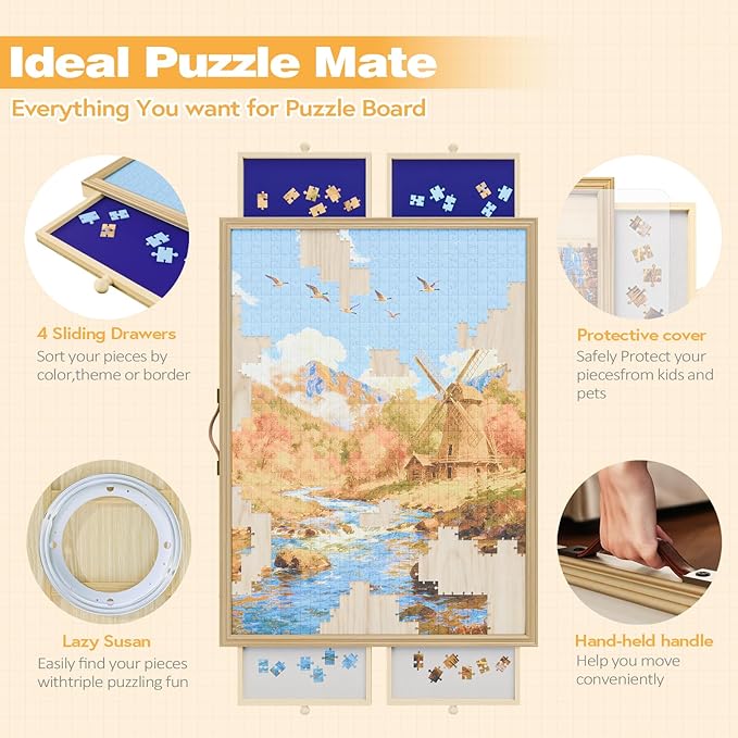 1500 Pcs Adjustable Jigsaw Puzzle Board with Drawers and Cover, 33.3"x24.3" Rotating Puzzle Table with Lazy Susan, Frame for Wall Art Display