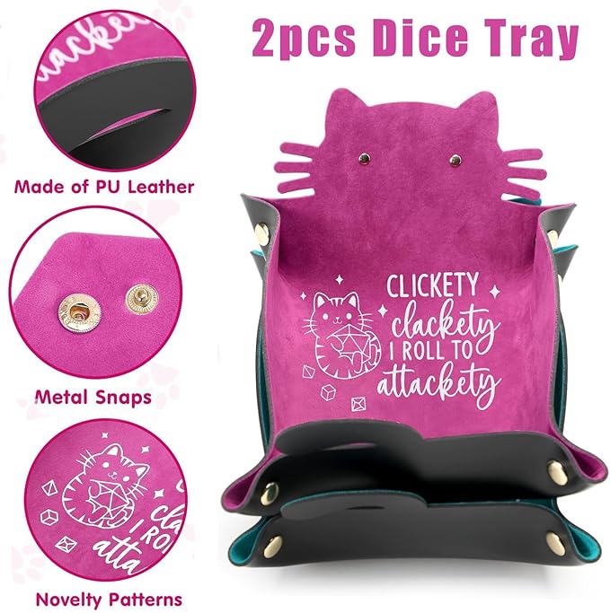 2Pcs Cat Dice Rolling Tray Novelty Folding Leather Dice Holder Portable Storage Accessories Decorative Desk Organizer Funny Gift for DND Game Players