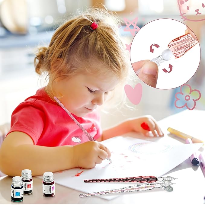 Zonon Glass Dipped Pen Ink Set 14 Pcs Include 6 Pcs Glass Dip Pen, 6 Colorful India Ink and 2 Holder Crystal Signature Calligraphy for Art, Writing, Signatures, Gift (Purple Pink Color System)