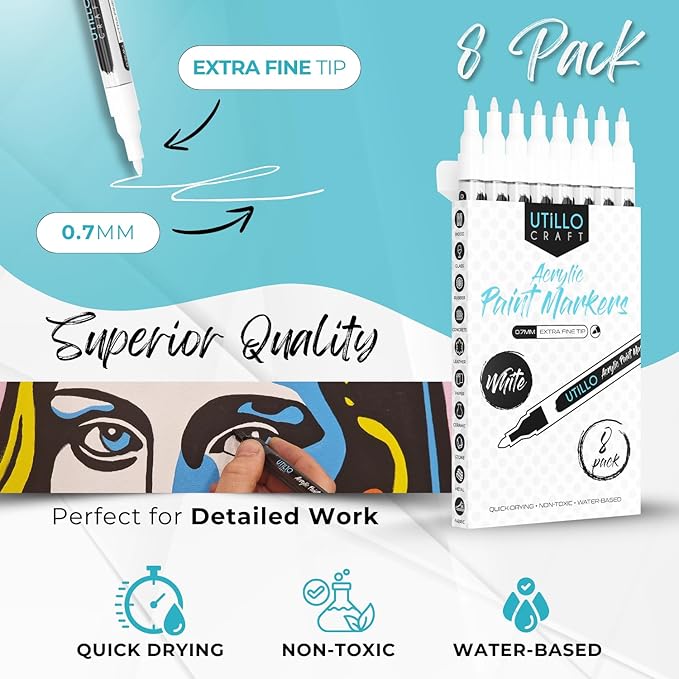 8-Pack White Paint Pens (0.7mm) Extra Fine Tip Made in Japan | Bold Color + 100% Coverage | For Rock, Wood, Glass, Paper, Fabric, Canvas, Metal & More