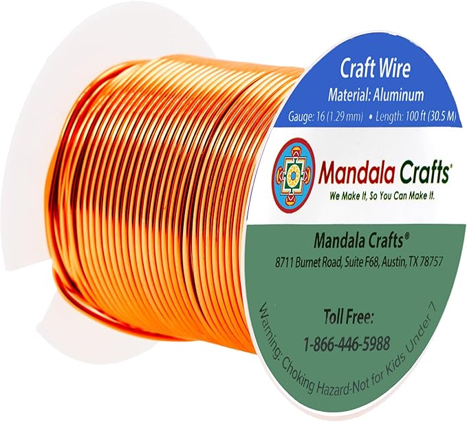 Mandala Crafts 16 Gauge Anodized Aluminum Craft Wire for Jewelry Making - 100 FT Colored Flexible Orange Wire - Bendable for Bonsai Armature Crafting Sculpting