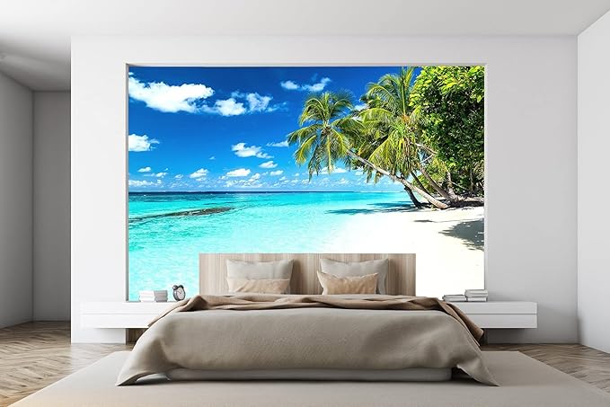 Palm Tree Wall Mural Tropic Paradise Beach Seascape Murals Wallpaper for Walls Bedroom Living Room Bedroom TV Background Kids Room Decoration（Not Peel and Stick）