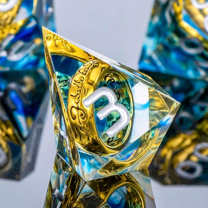 OUKELANWO Magic Lord Rings DND Dice Set with Box, 7Pcs Resin LOTR D&D Dice Set for Role Playing Game, Blue Dungeons Dragons D and D Sharp Edge Dice D20 D12 D10 D8 D6 D4