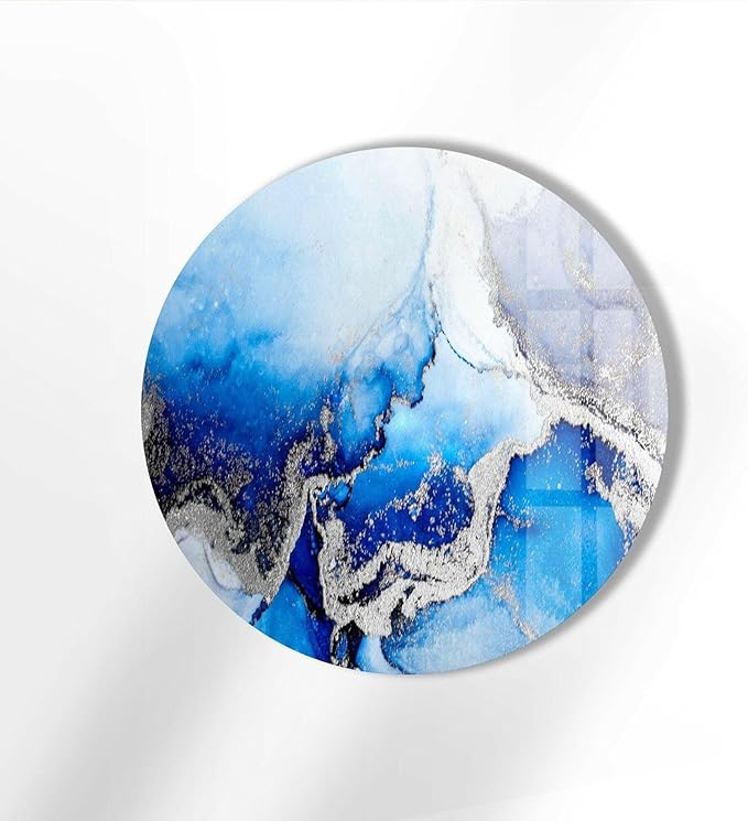 My Photostation.com 31.5''(80cm) Diameter Blue Marble Round with Silver Details Glass Wall Art Tempered Glass Printing Wall Decor Large Wall Art Wall Hangings