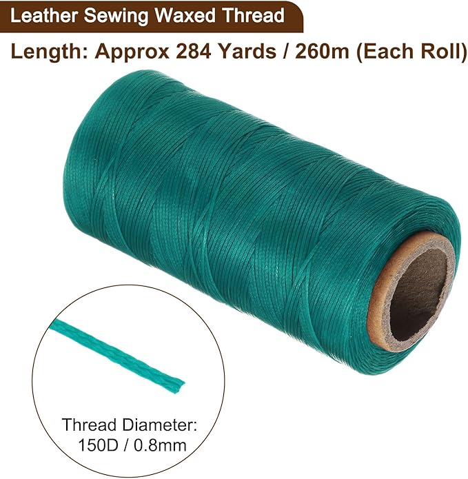 uxcell 150D 0.8mm Flat Waxed Thread 284 Yards Polyester Leather Sewing Waxed String Hand Stitching Waxed Cord for Leather Stitching Sewing Bookbinding DIY Craft Peacock Green