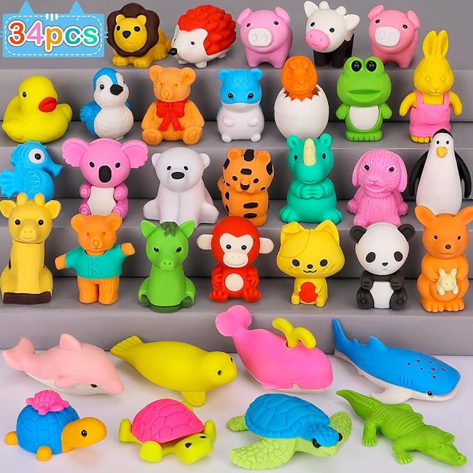 34 Pack Animal Pencil Erasers for Kids, 3D Mini Puzzle Take Apart Erasers, Desk Pets & Treasure Box Toys, Bulk Party Favors, Classroom Prizes, School Supplies, Gift for Boys & Girls