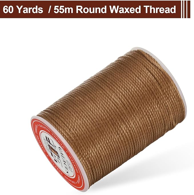 uxcell Round Leather Sewing Waxed Thread, 55m / 60 Yards Wax Polyester String, 0.8mm Waxed Stitching Cord for Leather Crafts, Bookbinding, Bracelets Braided, Light Brown
