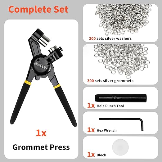 Grommet Tool Kit, 3/8 Inch Handheld Eyelet Kit Hole Punch Grommet Eyelet Press Pliers with 300 Silver Anti-Rust Grommets for Tarp Leather Fabric Tent and So On