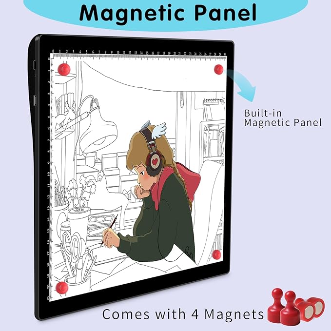 HIUKCOLED A4 Tilt-angle Light Tracing Box with 4 Magnets, 5-level Adjustable Brightness Ultra-thin Light Pad, Battery Powered LED Light Board for Drawing,Diamond Painting,Sketching,X-Ray,Sand Painting