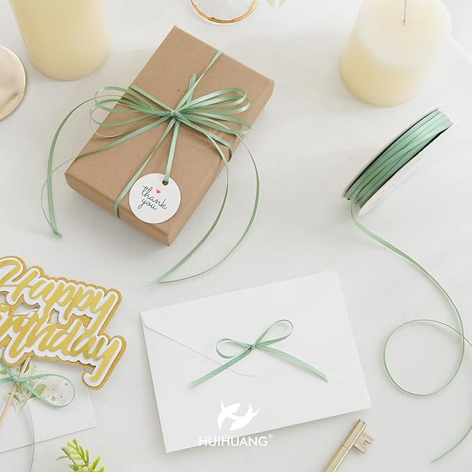 HUIHUANG Sage Green Ribbon 1/8 inch X100 Yards Roll Thin Satin Ribbon Double Face Craft Ribbon for Gift Wrapping DIY Bows Decoration Sewing and Invitation Card Hanging Tags