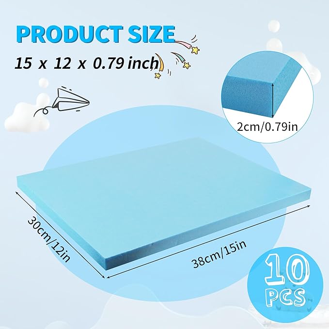 LuckyFoam Blue 10 Pack 15x12x0.79 inch Foam Sheets 0.79 Inch Thick Polystyrene Rectangles XPS Foam Board Craft for Insulating DIY Modeling Art Supplies