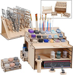 Model Paint Holder with Adjustable Storage, Wooden Miniature Model Paints Organizer for 36 Paint Holes and 36 Holes of Painting Brushes wtih Model Pieces Shelf