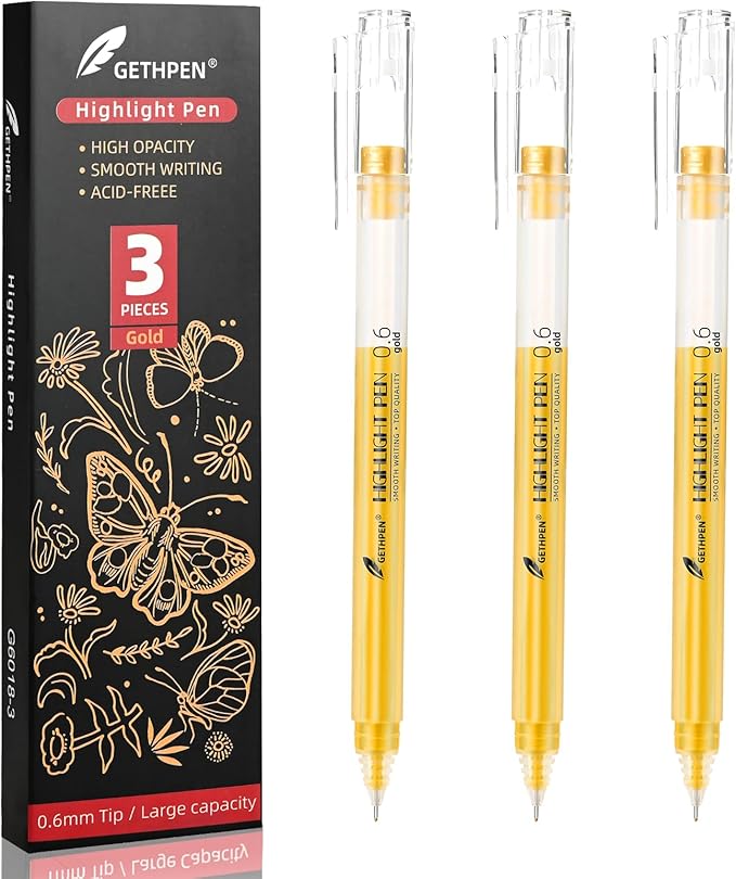 0.6mm Fine Point Gold Gel Pens, 3-Pack for Artists Drawing on Black Paper, Sketching, Adult Coloring Books & Holiday Crafts