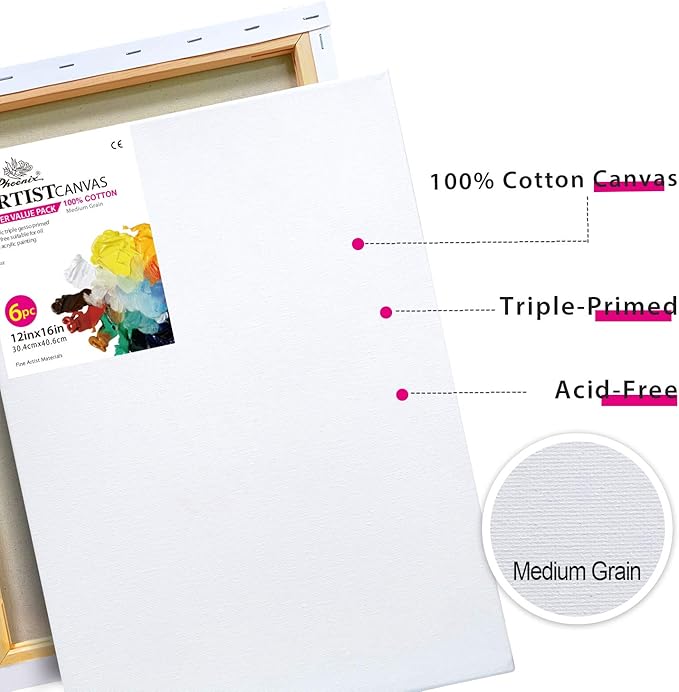 PHOENIX Stretched Canvas for Painting 12x16 Inch/6 Value Pack, 8 Oz Triple Primed 5/8 Inch Profile 100% Cotton White Blank Canvas, Artist Framed Canvas for Oil Acrylic & Pouring Art