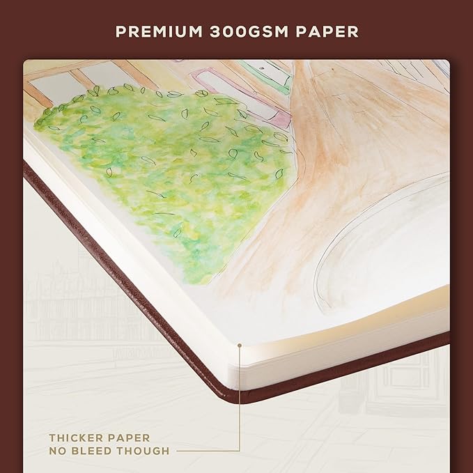 Beechmore Books A5 Sketch Book – 5.8"x8.3" Premium Vegan Leather Hardcover Sketchbook, 96 Thick 300gsm Perforated Ivory Pages, Ideal for Sketching, Watercolor & Mixed Media, Includes Back Pocket