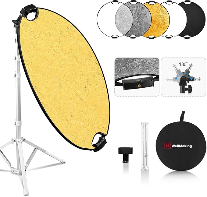 WELLMAKING 32''(80cm) Photography Reflector Dual Handle Collapsible 5-in-1 with Tilt Adapter Reflector, White Portable Stand and Pouch for Studio & Outdoor Lighting-Translucent,Silver,Gold,White&Black