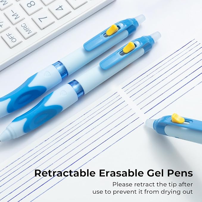 M&G 6 Pcs Retractable Erasable Gel Pens, 0.5 mm Blue Ink Gel Pen, Extra Fine Point Erasable Pen Make Mistakes Disappear, Premium Comfort Grip Note Taking and Crossword Puzzles