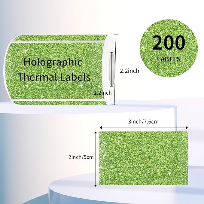 3x2 Inch Holographic Thermal Labels Stickers, Glitter Waterproof Direct Thermal Sticker Labels for Barcode, Mailing, DIY Design- 200Pcs /Glitter Green