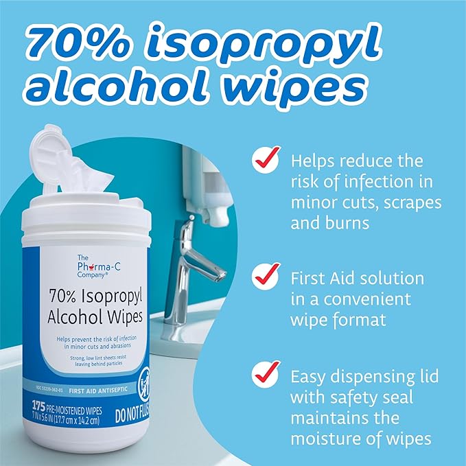 The Pharma-C Company 70% Isopropyl Alcohol Wipes [175ct Wipes] - Large Durable IPA Wipes. First-Aid Antiseptic Wound Cleaner with Moisture Lock Lid.