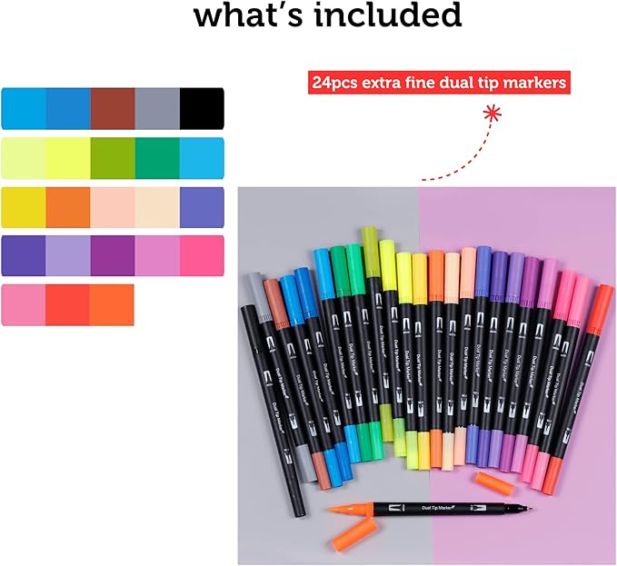 Incraftables Dual Tip Markers (24 Colors) – Adult Coloring, Brush Tip & Fine Tip Markers for Adult Coloring Books, No Bleed Dual Brush for Kids & Adults