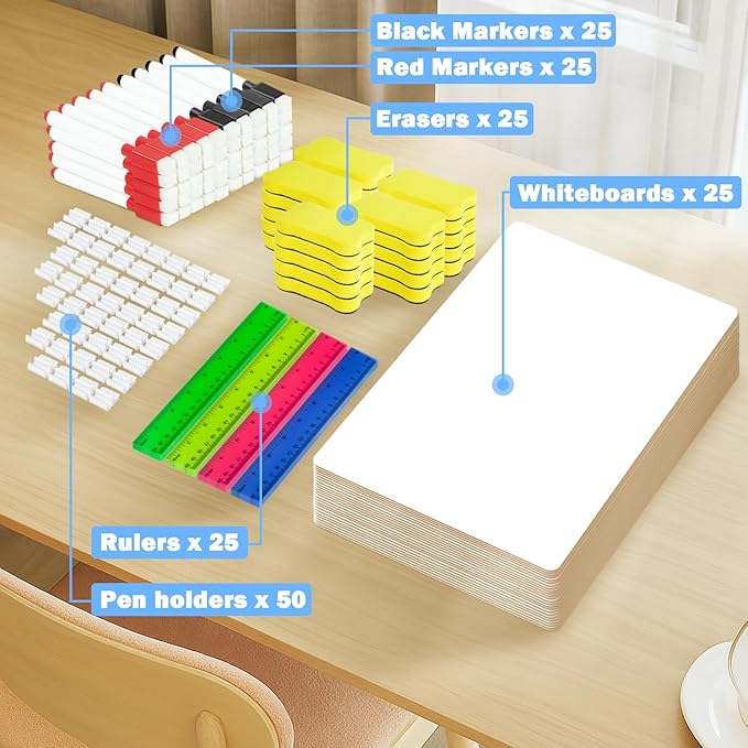 25 Pack Dry Erase Boards 9'' x 12'' Mini Double-Sided Whiteboards Safe Rounded Edges, Includes 25 Erasers, Markers, Rulers & 50 Clips, Perfect for Students, Teachers, School & Office Use