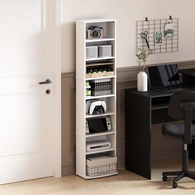 Adjustable Shelves Multimedia Storage Tower Rack with Spacious Media Organization, Durable Design, Versatile Rack for DVDs, CDs, Games, and More White/8 Tier