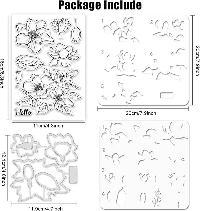 ORIGACH Realistic Magnolia Flower Stamps and Die and Layering Coloring Stencil Bundle for Card Making Album Arts Crafts Supplies