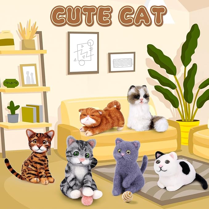 Mayboos 6 Pcs Needle Felting Kit, Animal Needle Felting Beginner Kits Wool Felt Needle Felting Tools with Instruction for DIY Craft Animal Home Decoration (Cute Cat)