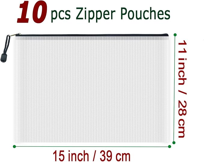 AUSTARK 10 Pcs Zipper File Bags, Waterproof Plastic Mesh Pouch for Office School, Board Game Storage Bags (B4 Size 15''x11'', White and Black)