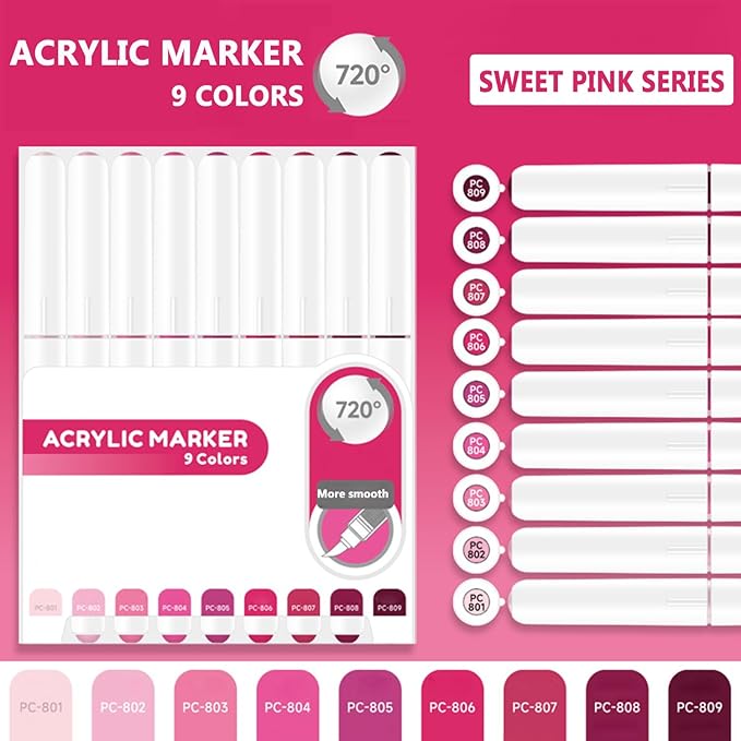 Water Based Acrylic Paint Markers, 9 Colors Acrylic Paint Pens Set with Soft Brush Tip, Marker Pen for Rock Painting, Egg, Wood, Glass, Paper, Mugs, Acrylic Painter Ink (Sweet Pink Series)