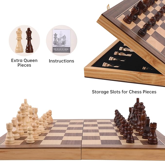 Wooden Chess Set with Folding Board - 15" Classic Magnetic Chess Set with Protective Bag for Adults, Chess Lovers Tournament Professional Beginner