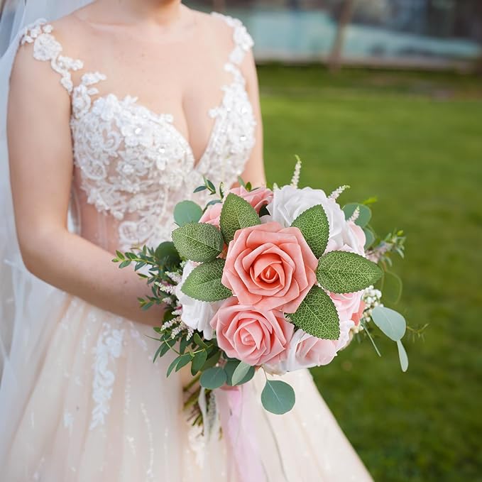 AmyHomie 25pcs Real Looking Artificial Shades of Blush Roses w/Stem for DIY Wedding Bouquets Centerpieces Arrangements Party Baby Shower Home Decorations