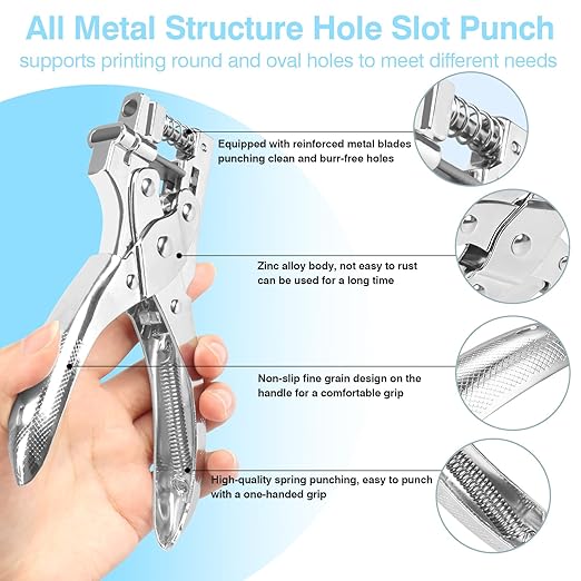2 in 1 Badge Slot Hole Punch for ID Cards, Heavy Duty Hand Punch Metal Hole Puncher for PVC Material, Business Cards, Paper and Cardstock (5mm Round Hole &13mm X 3mm Slot Hole, Silver)