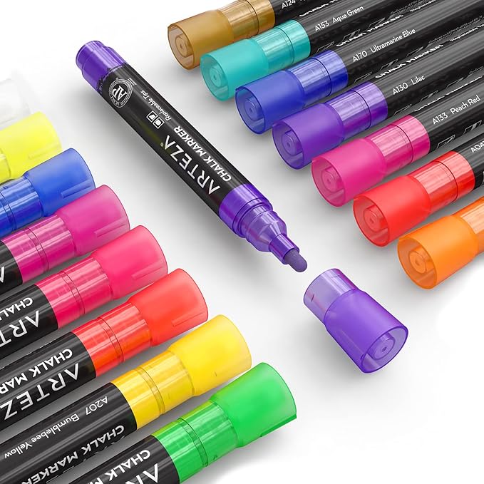 ARTEZA Liquid Chalk Markers, Set of 16 Bright Colors, Chalkboard Pens for Blackboard, Whiteboard, Windows, Mirrors, Glass, Restaurant Menu, Signs.
