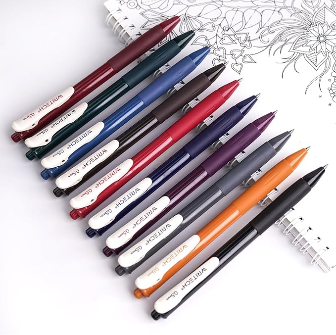 WRITECH Retractable Gel Pens Quick Dry Ink Pens Fine Point 0.5mm 10 Assorted Unique Vintage Colors For Journaling Drawing Doodling and Notetaking (Vintage 1)